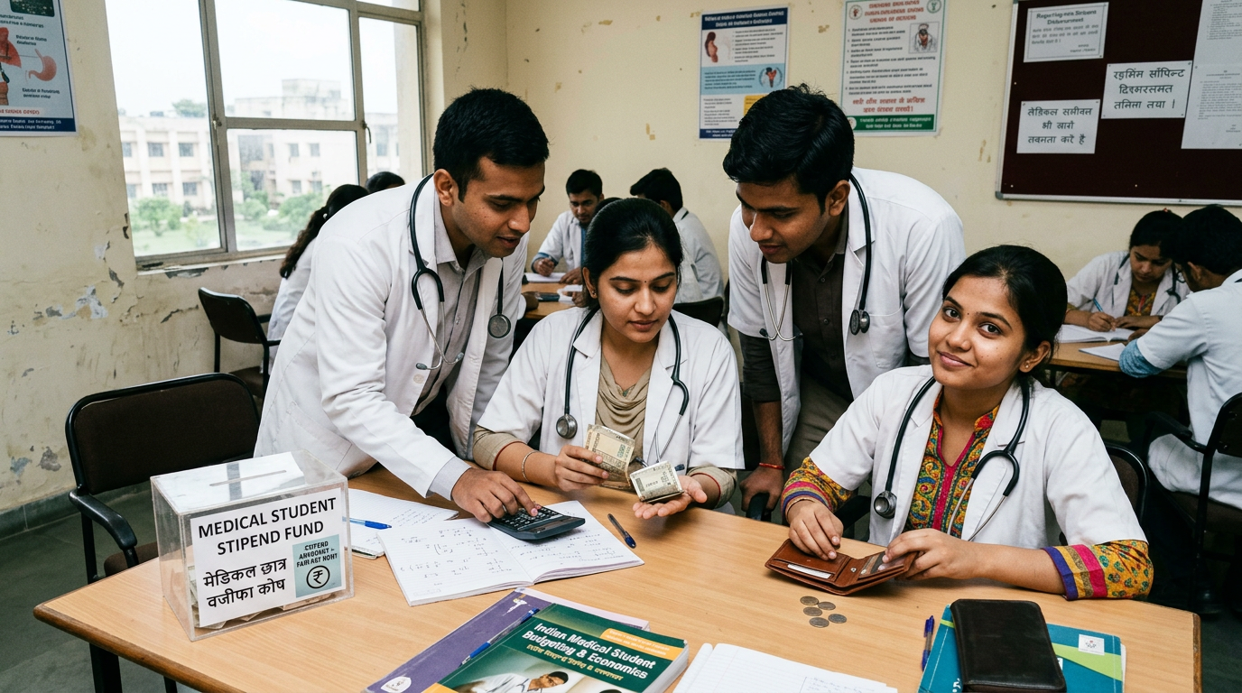 Group of medical students with stethoscopes counting currency notes and coins beside a stipend fund collection box
